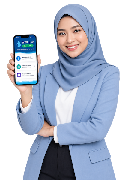 Wakil WBILL memegang telefon memaparkan papan pemuka aplikasi WBILL v2